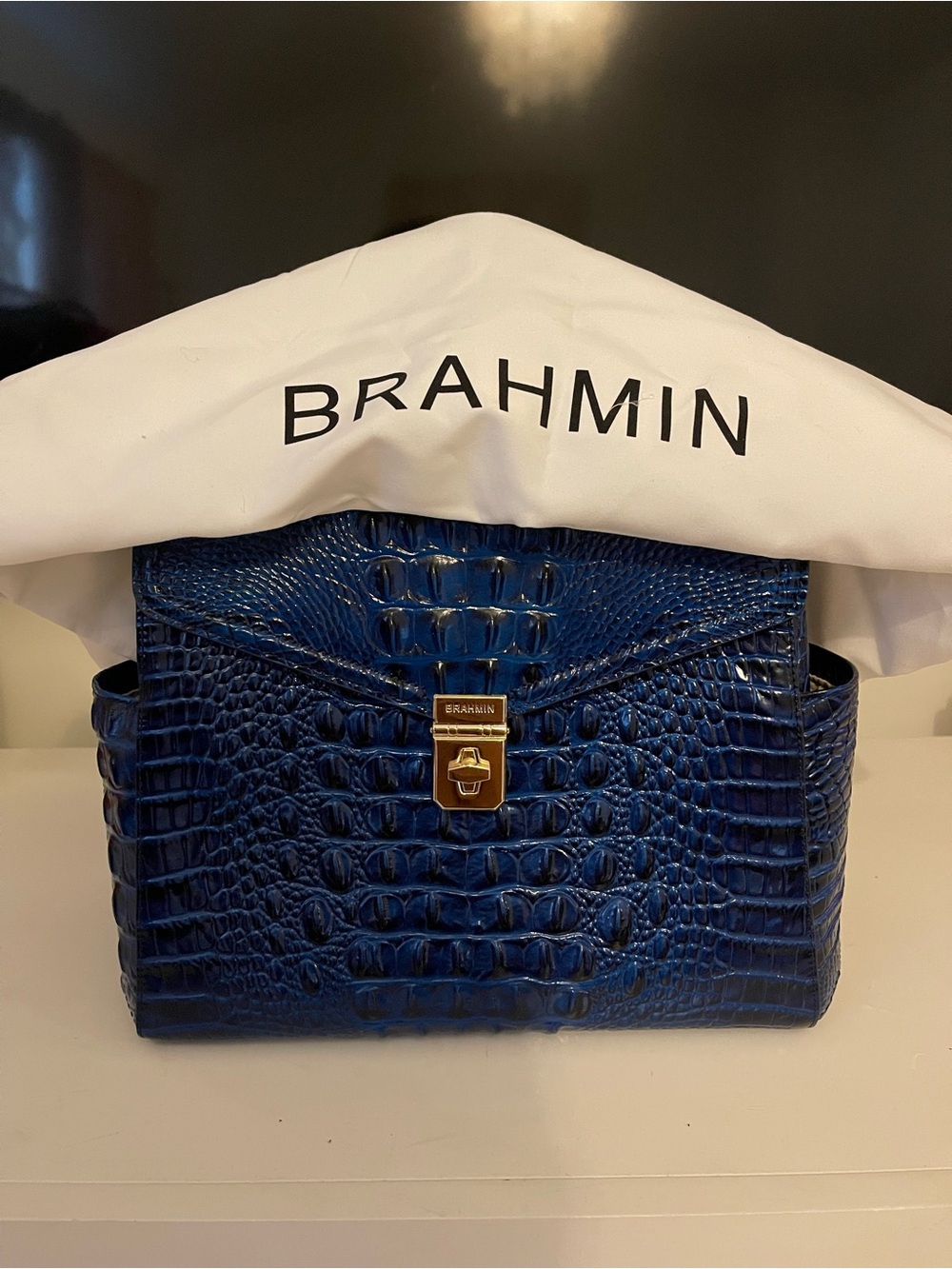 Brahmin Navy Croc-Embossed Leather Backpack with Gold Hardware - Picture 7 of 7